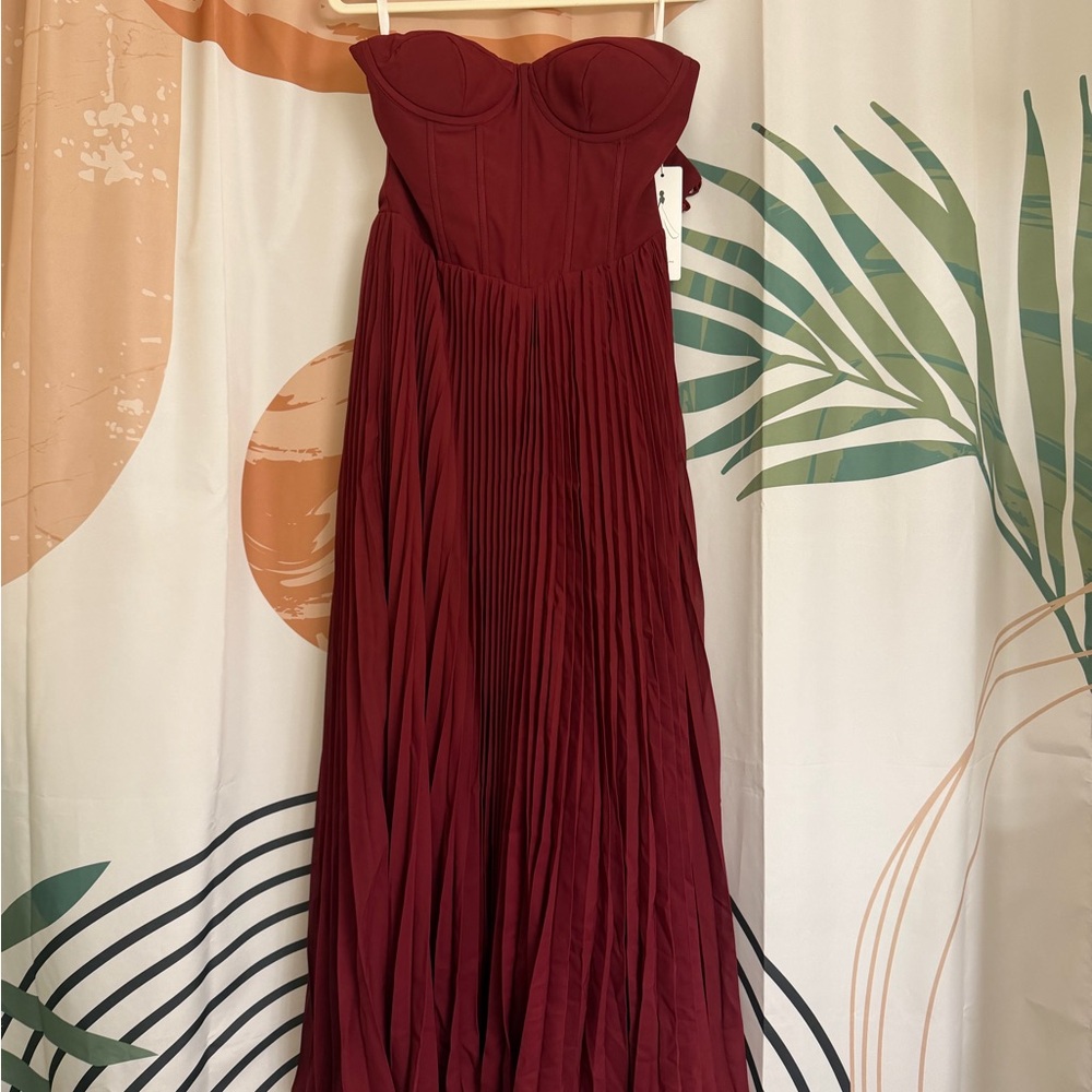 Strapless Wine Red Corset Pleated Maxi Dress